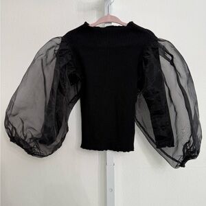 AMOR & Little Girls Black Kids Sweater with Sheer Sleeves